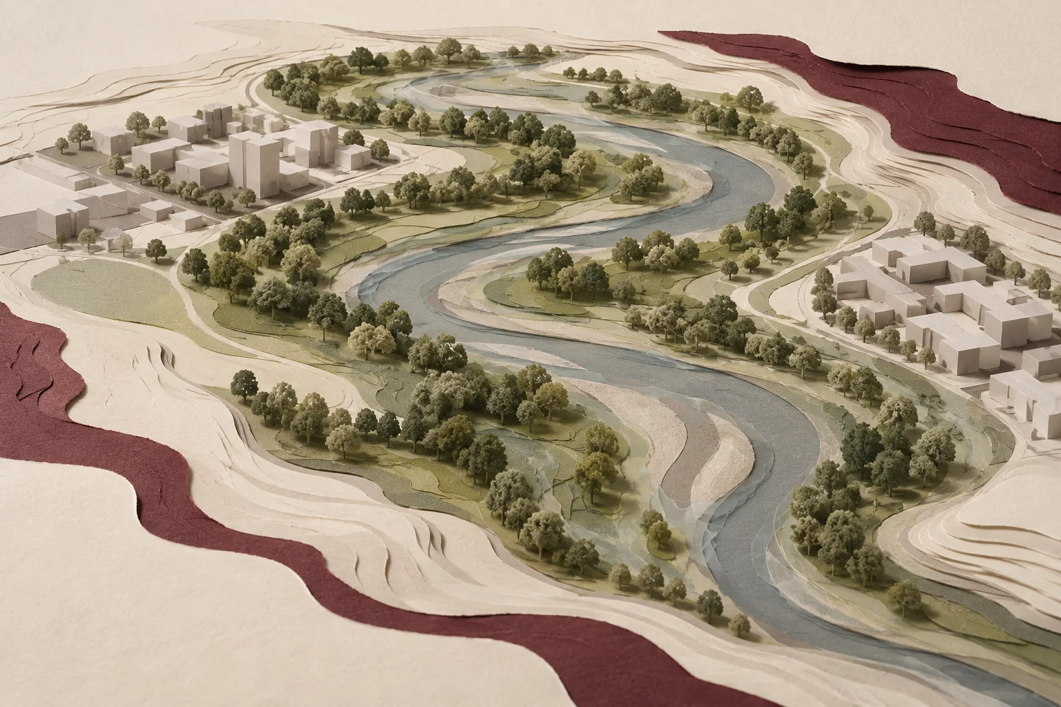 Layered paper landscape of a winding river, vegetated buffer and nearby development masses.