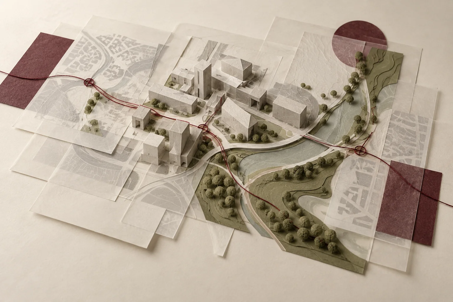 Aligned tracing-paper site studies bringing landscape, context and development ideas together.
