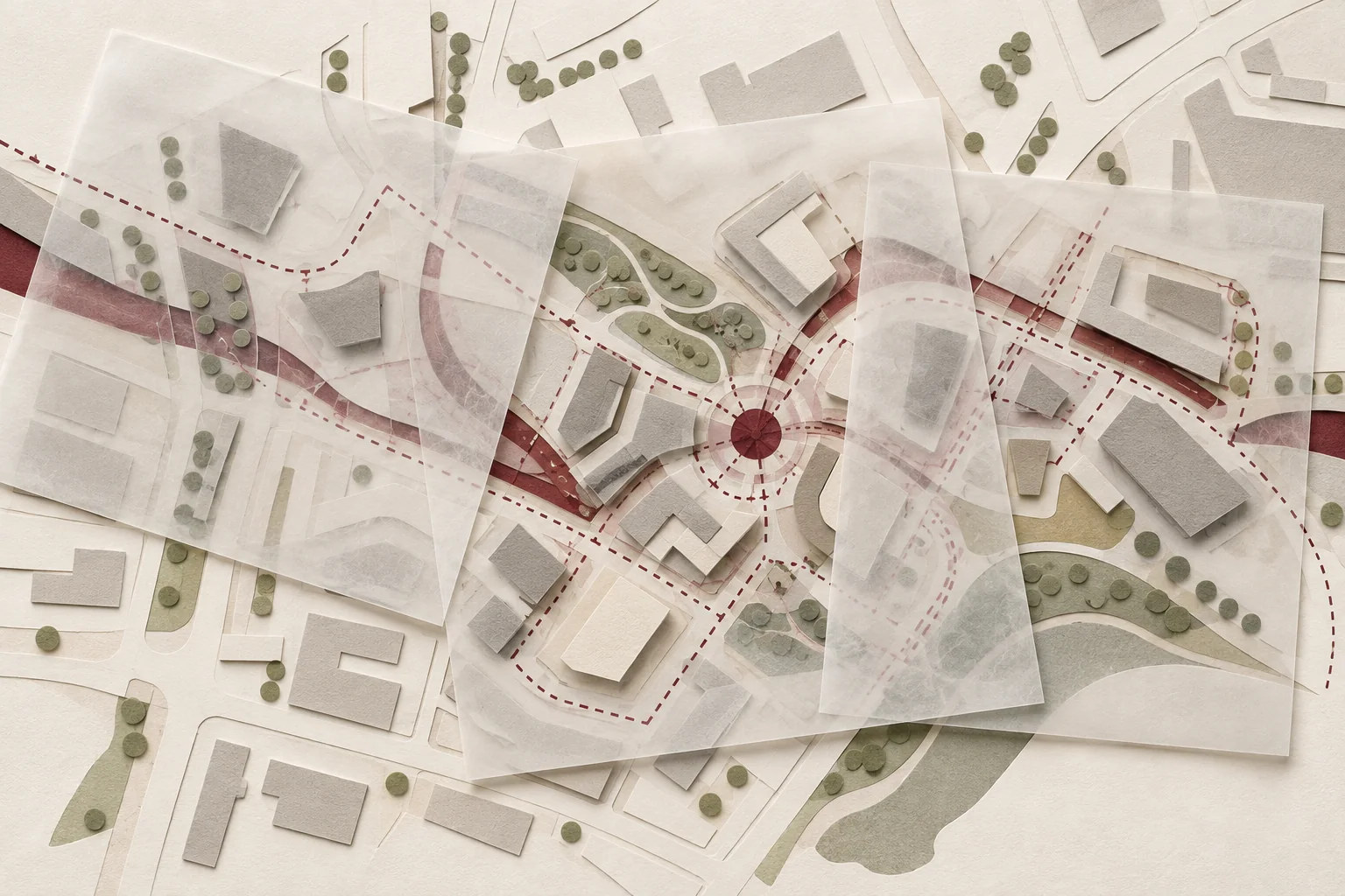 Layered tracing-paper urban study suggesting design guidelines and evolving ideas for a neighbourhood.