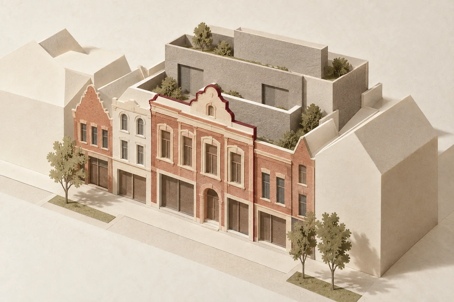 Abstract paper streetscape exploring the relationship between retained historic forms and a set-back new mass.