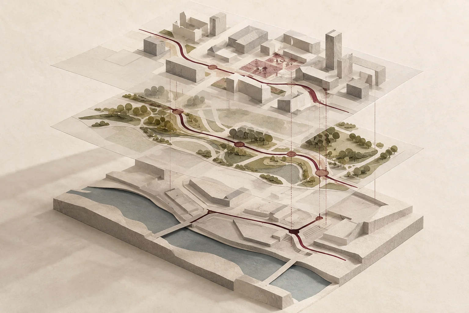 Conceptual study aligning separate layers of urban form, landscape and movement.