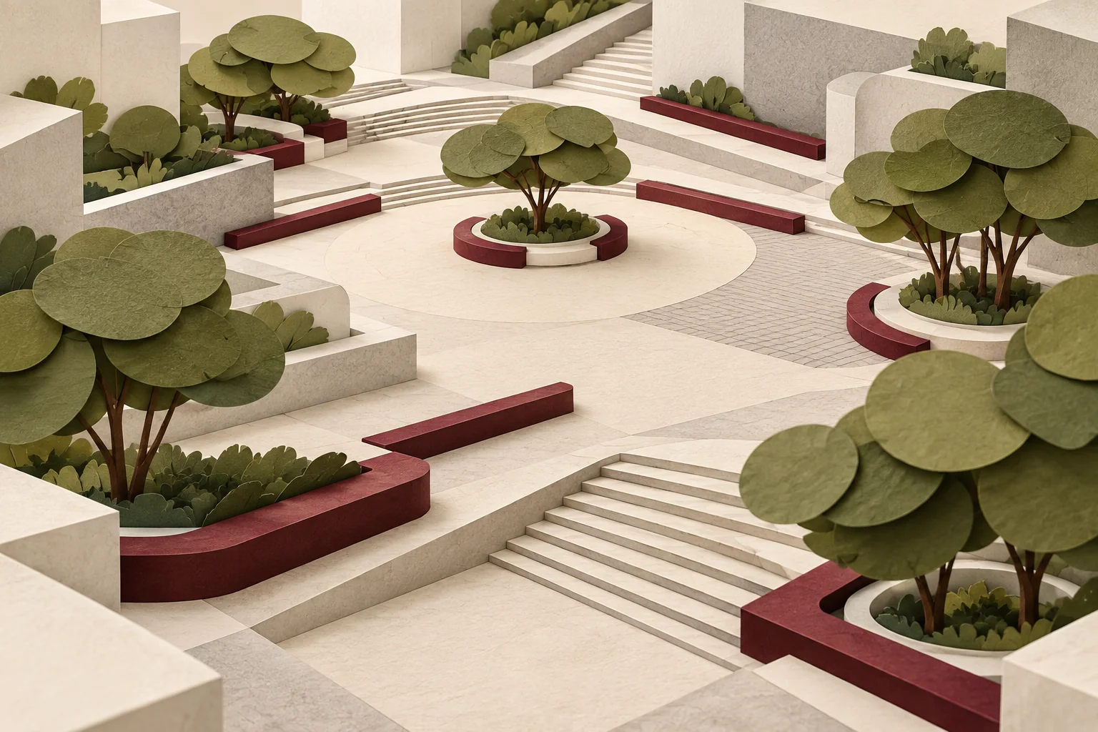 Paper study of a shared civic square with tree canopies, seating edges and pedestrian connections.