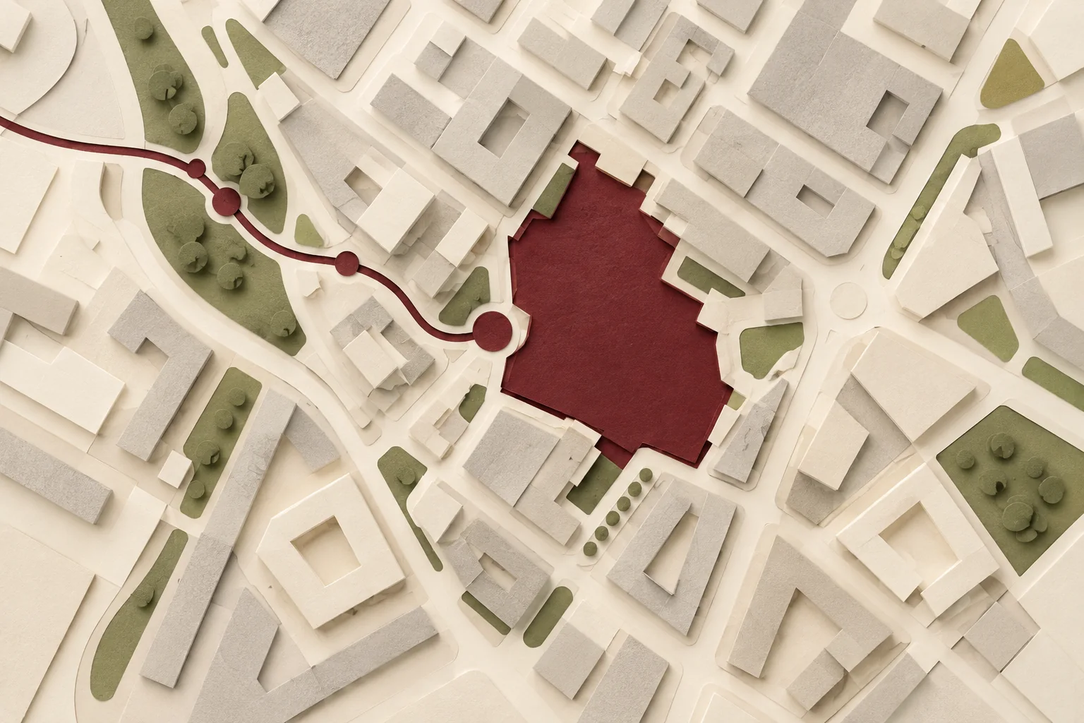 Abstract study of a highlighted development site within surrounding streets and urban parcels.