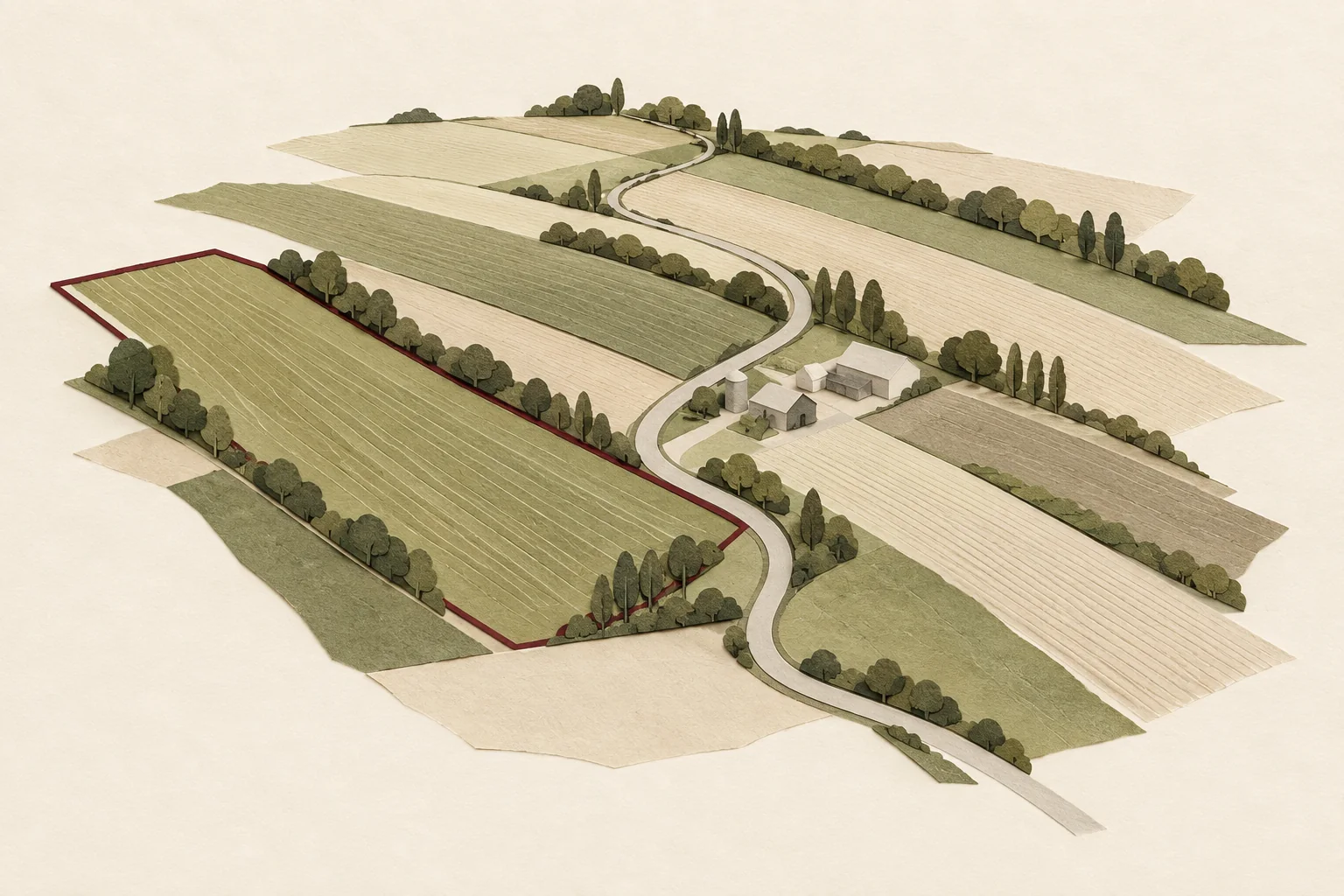 Illustrative rural landscape with agricultural field strips, shelterbelts, a winding road and small building masses.