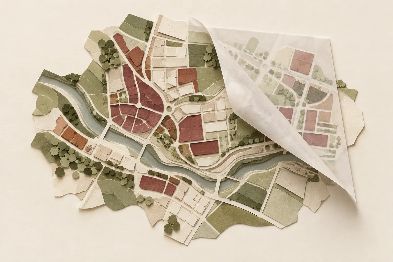 Layered paper land-use mosaic exploring a changed arrangement of development parcels.
